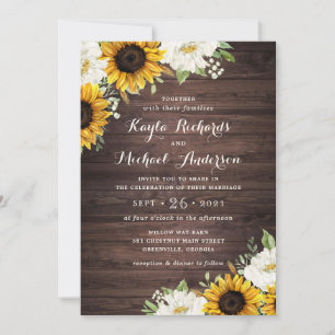 Blommigt Rustic Wood Sunblommblommblommor Greenery Inbjudningar