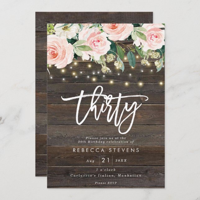 blommigt, rustiskt trä ljus 30års födelsedag inbjudningar (Fram/baksida)