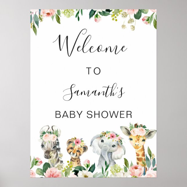 Blommigt Safari Animals Baby Shower Välkomstskylt Poster (Framsidan)