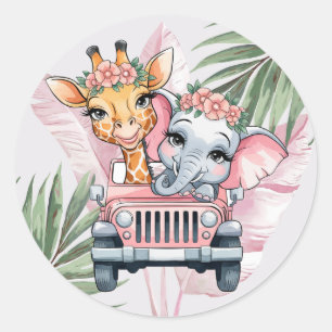 Blommigt Safari Äventyr Rosa Baby Shower för Baby Runt Klistermärke