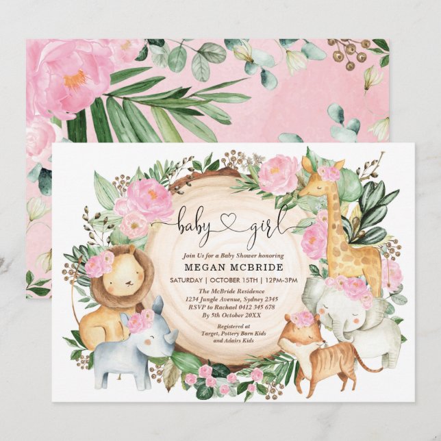 Blommigt Safari Jungle Greenery Girl Baby Shower Inbjudningar (Fram/baksida)