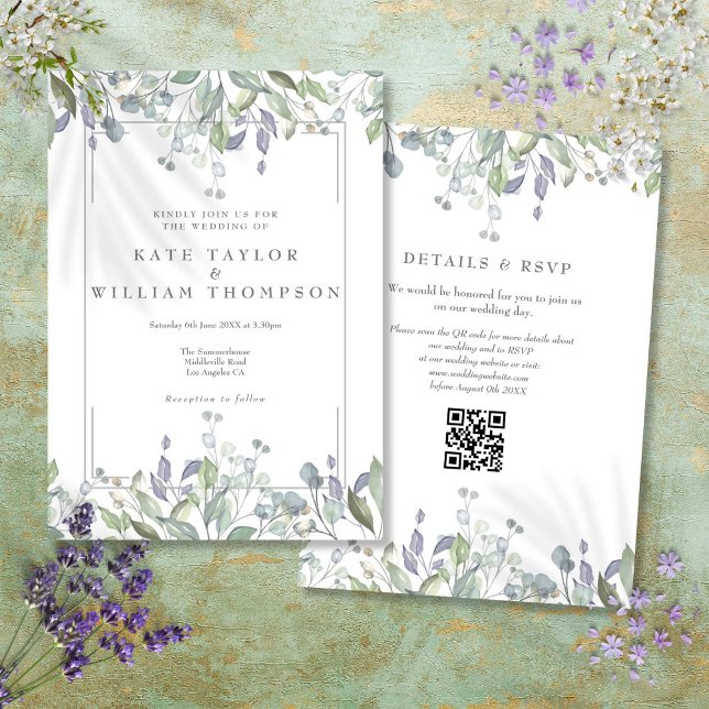 Blommigt Sage and Lilac QR Code Bröllop Inbjudningar (Floral Sage And Lilac QR Code Wedding Invitation)