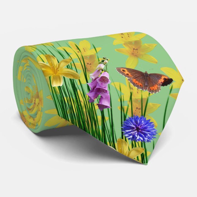Blommigt Sage Dragonfly Butterfly Neck Tie Slips (Rullad)