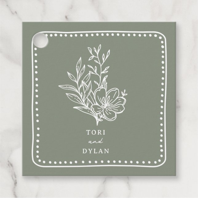 Blommigt Sage Grönt Bouquet Bröllop Gåvor Etiketter (Framsida)