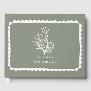 Blommigt Sage Grönt Bouquet Scalloped Bröllop Gästböcker