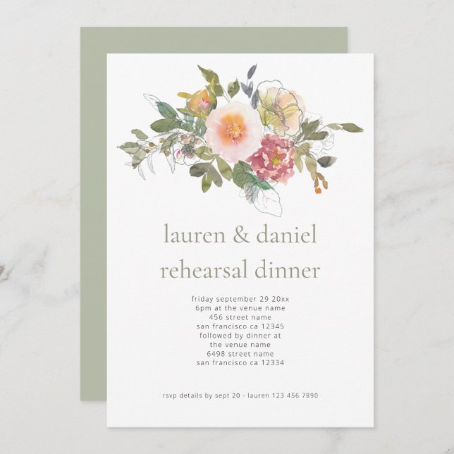 Blommigt Sage Grönt Bröllop Rehearsal Middag Inbjudningar (Fram/baksida)