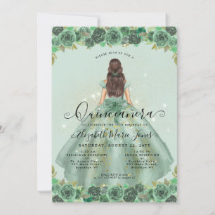 Blommigt Sage Grönt Guld Glam Princess Quinceanera Inbjudningar