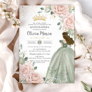 Blommigt Sage Grönt Princess Gown Quinceañera Inbjudningar