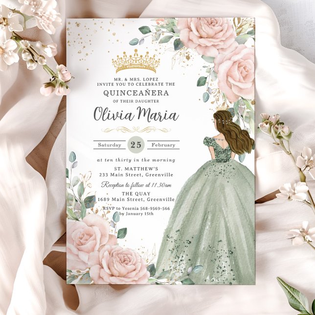  Blommigt Sage Grönt Princess Gown Quinceañera Inbjudningar (pastel-soft-blush-pink-floral-roses-gold-sage-green-princess-dress-sweet-16-birthday-xv-invitation)