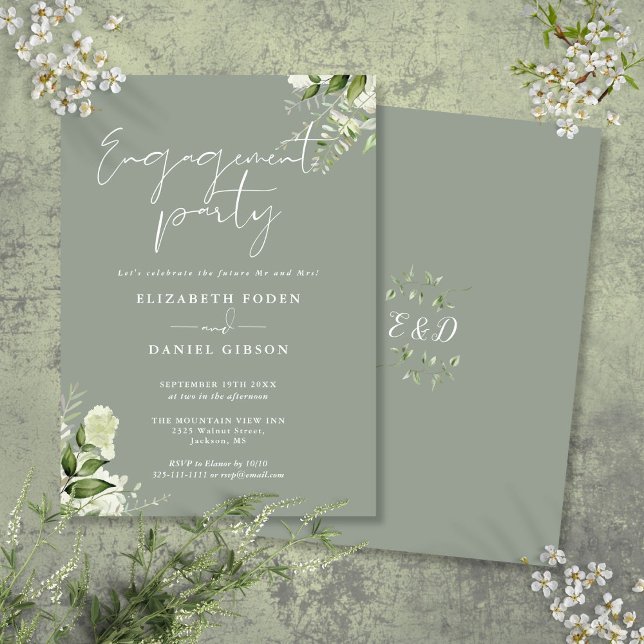 Blommigt Sage Grönt  Script-Förlovningsfest Inbjudningar (Floral Sage Green Script Engagement Party Invitation)