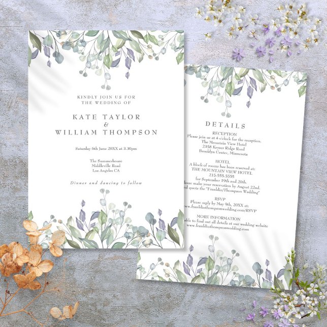 Blommigt Sage Lilac Greenery allt på ett Bröllop Inbjudningar (Floral Sage Lilac Greenery All In One Wedding Invitation)