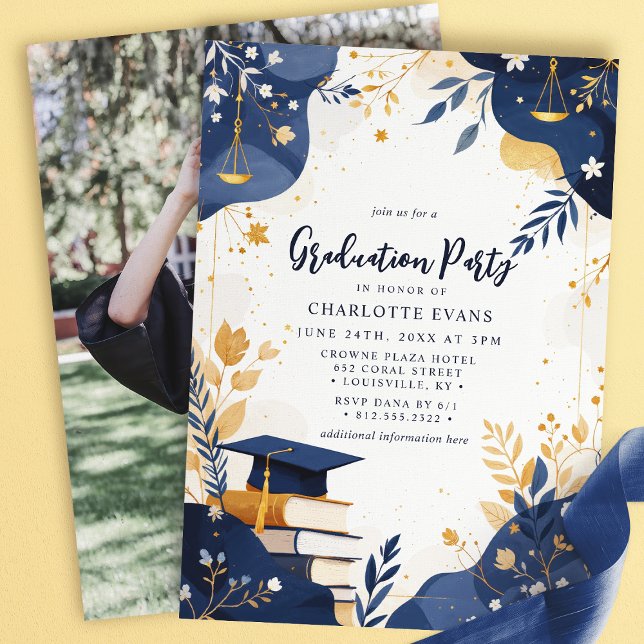 Blommigt Scale of Justice Law Grad Party Photo Inbjudningar (Skapare uppladdad)