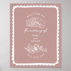 Blommigt Scalloped Gräns Rosa Bröllop Välkommen Poster