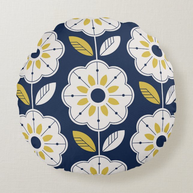 Blommigt Scandinavian Stil Seamless Mönster Rund Kudde (Framsidan)