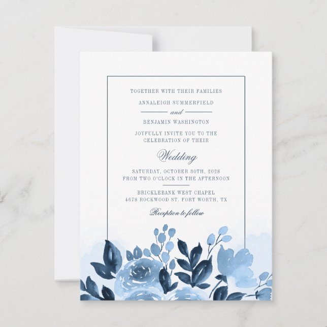 Blommigt Script Blue Watercolor Botanical Bröllop Inbjudningar (Framsida)