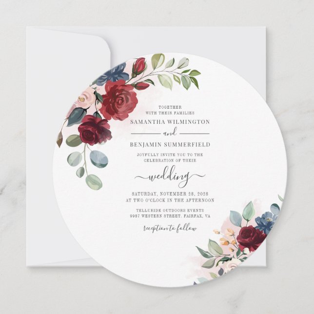 Blommigt Script Burgundy Botanical Modern Bröllop Inbjudningar (Framsida)