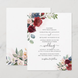 Blommigt Script Burgundy Botanical Modern Bröllop Inbjudningar