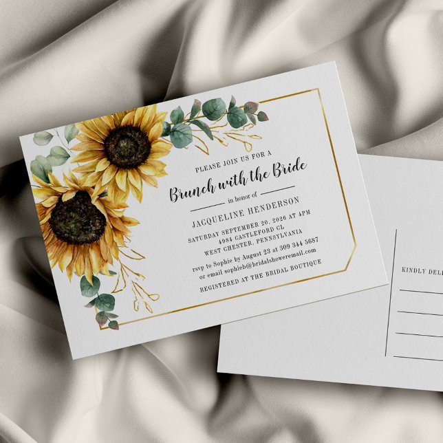 Blommigt Script Eucalyptus Solros Möhippa Brunch Inbjudan Vykort (Floral Sunflower Eucalyptus Brunch with the Bride Bridal Shower Invitation)