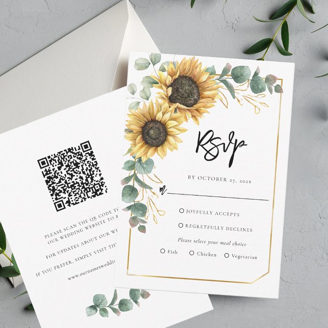 Blommigt Script Solros QR-kod Bröllop OSA Kort (Floral Sunflower Eucalyptus Greenery Wedding RSVP Card)