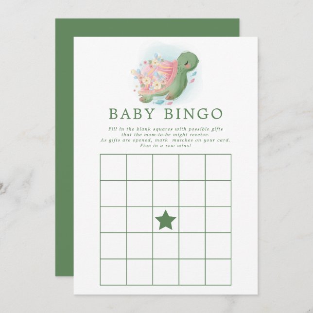 Blommigt Sea Turtle Baby Shower Bingo Game Inbjudningar (Fram/baksida)