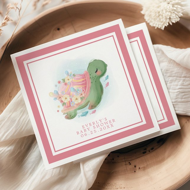 Blommigt Sea Turtle Cute Rosa Baby Shower Pappersservett (Skapare uppladdad)