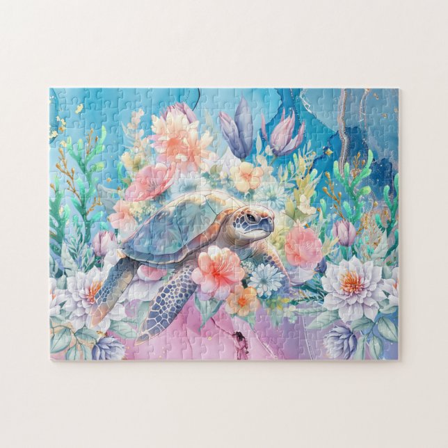Blommigt Sea Turtle Pussel (Horisontell)