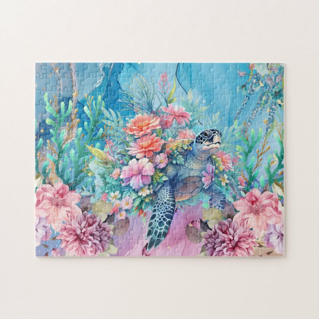 Blommigt Sea Turtle Pussel (Horisontell)