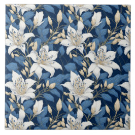 Blommigt Seamles Mönster Big Liliy White Blue Löv Kakelplatta