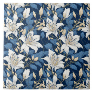 Blommigt Seamles Mönster Big Liliy White Blue Löv Kakelplatta