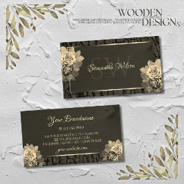 Blommigt Sepia Guld Mörk Brown Wood Grain Monogram Visitkort