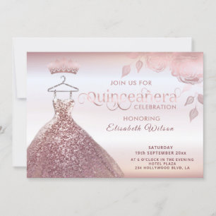 Blommigt sequins ro guld dress Quinceañera bjudnin Inbjudningar