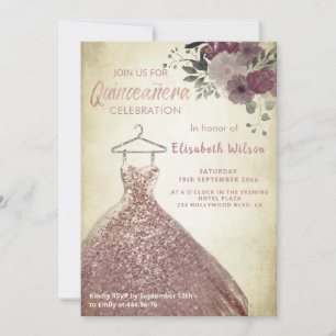 Blommigt sequins ro guld dress Quinceañera Invit Inbjudningar