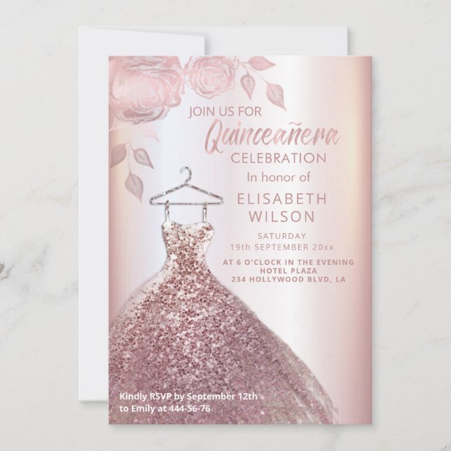 Blommigt sequins ro guld dress Quinceañera Invit Inbjudningar (Framsida)