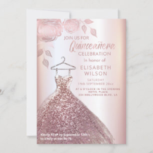 Blommigt sequins ro guld dress Quinceañera Invit Inbjudningar