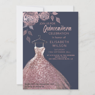 Blommigt sequins ro guld dress Quinceañera Invit Inbjudningar