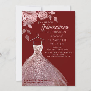 Blommigt sequins ro guld dress Quinceañera Invit Inbjudningar