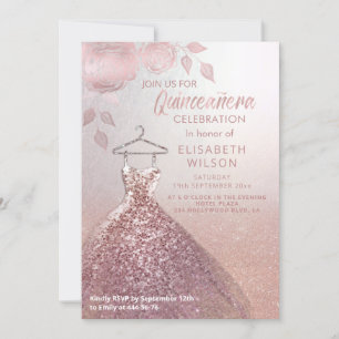 Blommigt sequins ro guld dress Quinceañera Invit Inbjudningar