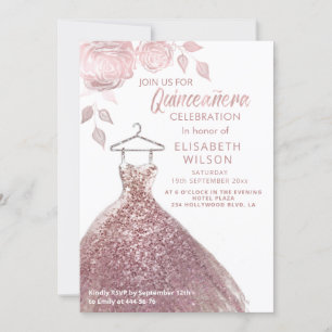 Blommigt sequins ro guld dress Quinceañera Invit Inbjudningar