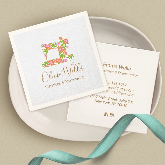 Blommigt Sewing Maskin Seamstress Fyrkantigt Visitkort (Skapare uppladdad)
