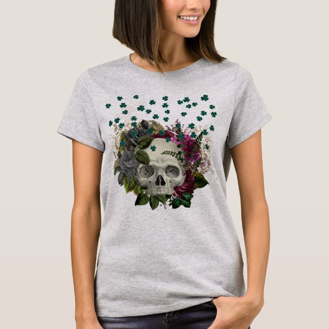 Blommigt Shamrock Skull T Shirt (Framsida)