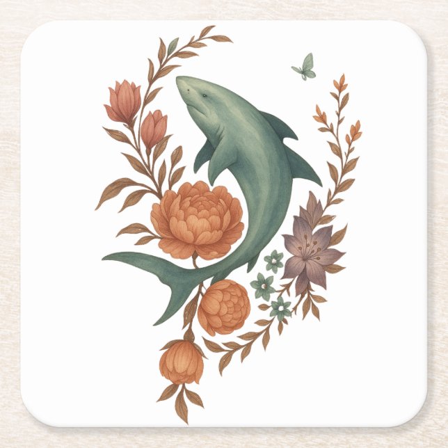 Blommigt Shark Harmony - Nature & Ocean Fusion Art Underlägg Papper Kvadrat (Framsidan)