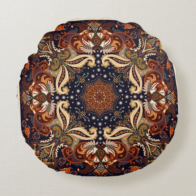 Blommigt shawl Squornament: Indian batik. Rund Kudde (Framsidan)