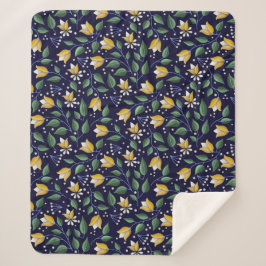 Blommigt Sherpa Blanket i Deep Blue och Gult