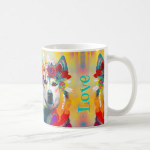Blommigt Siberian husky-målning Kaffemugg