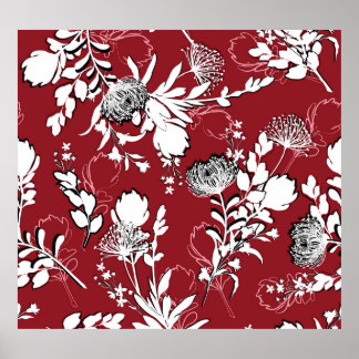 Blommigt silhuett, färglöst botaniskt mönster. poster