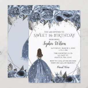Blommigt Silver Dusty Blue Spakle Dress Sweet 16 I Inbjudningar