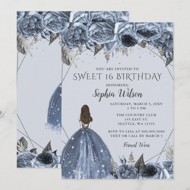 Blommigt Silver Dusty Blue Spakle Dress Sweet 16 Inbjudningar (Fram/baksida)