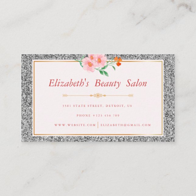 Blommigt Silver Glitter Makeup Artist Beauty Salon Visitkort (Baksida)