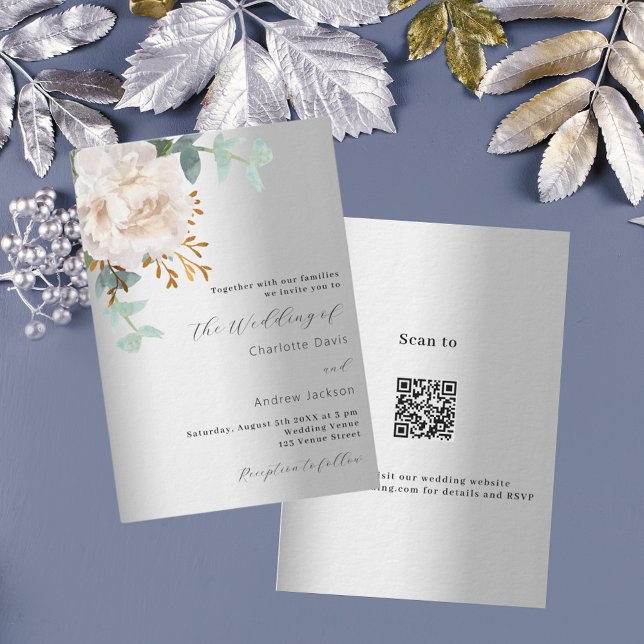 Blommigt silver, grön lyx QR OSA bröllop Inbjudningar (Skapare uppladdad)