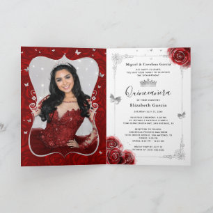 Blommigt Silver och Red Quinceañera Photo Foled Inbjudan